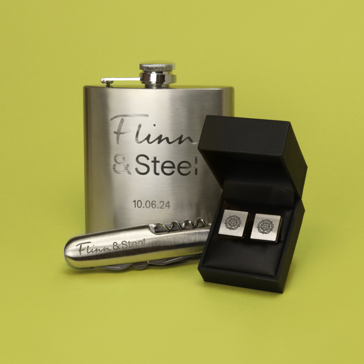 Reyt Good Gifts | Ultimate Flinn & Steel Gift Bundle - Stainless Steel Multi-Tool Knife, 6oz Hipflask & Your Choice of Cufflinks