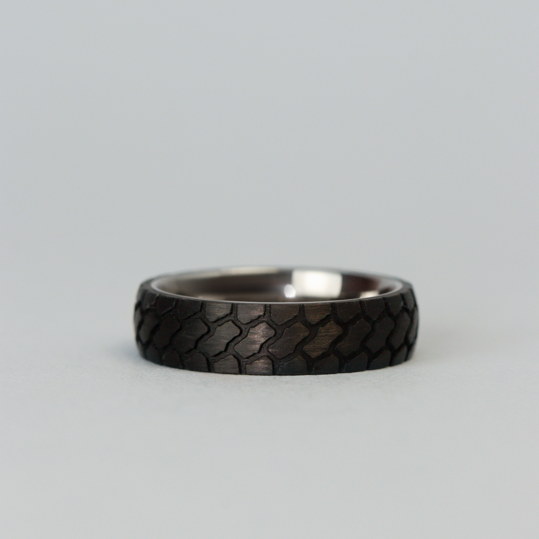 Titanium and Carbon Fibre Tyre Effect Wedding Ring - The Marshal