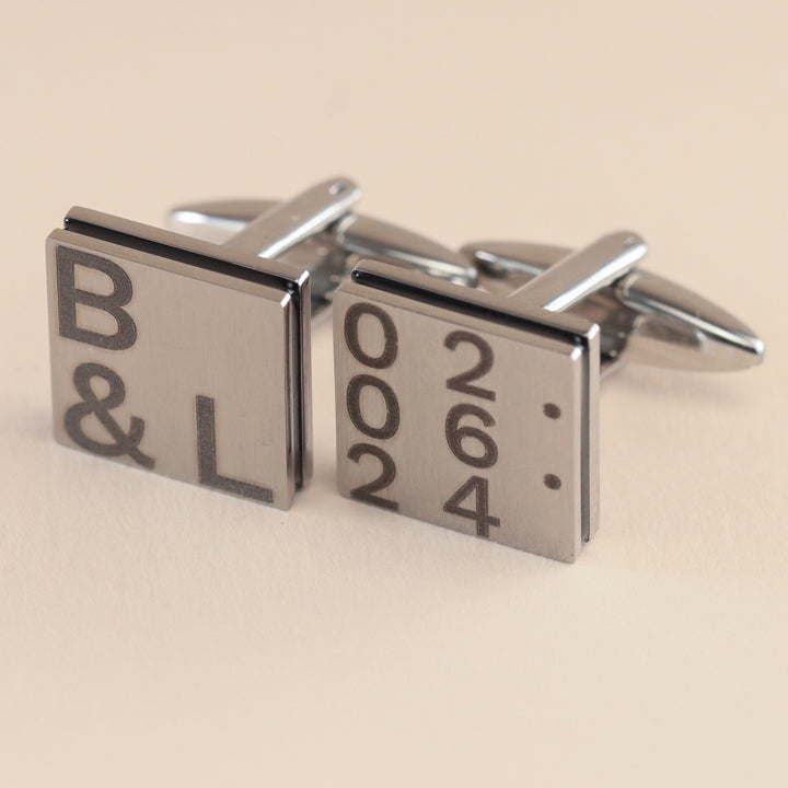 Personalised Stainless Steel Brushed Cufflinks with Black Inlay