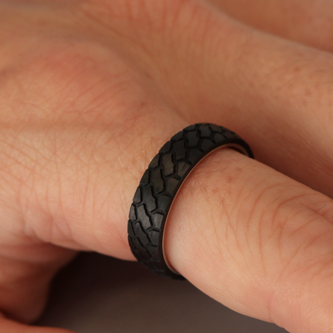 Titanium and Carbon Fibre Tyre Effect Wedding Ring - The Marshal