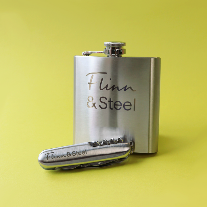 Reyt Good Gifts | Flinn & Steel Gift Bundle - Stainless Steel Multi-Tool Knife & 6oz Hipflask