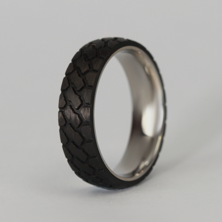 Titanium and Carbon Fibre Tyre Effect Wedding Ring - The Marshal