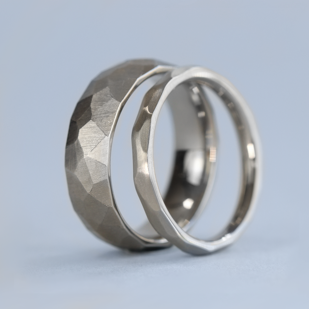 Matching Wedding Ring Set - Rivelin Valley & Beauchief - Hammered Effect Stainless Steel Court Fit Wedding Rings