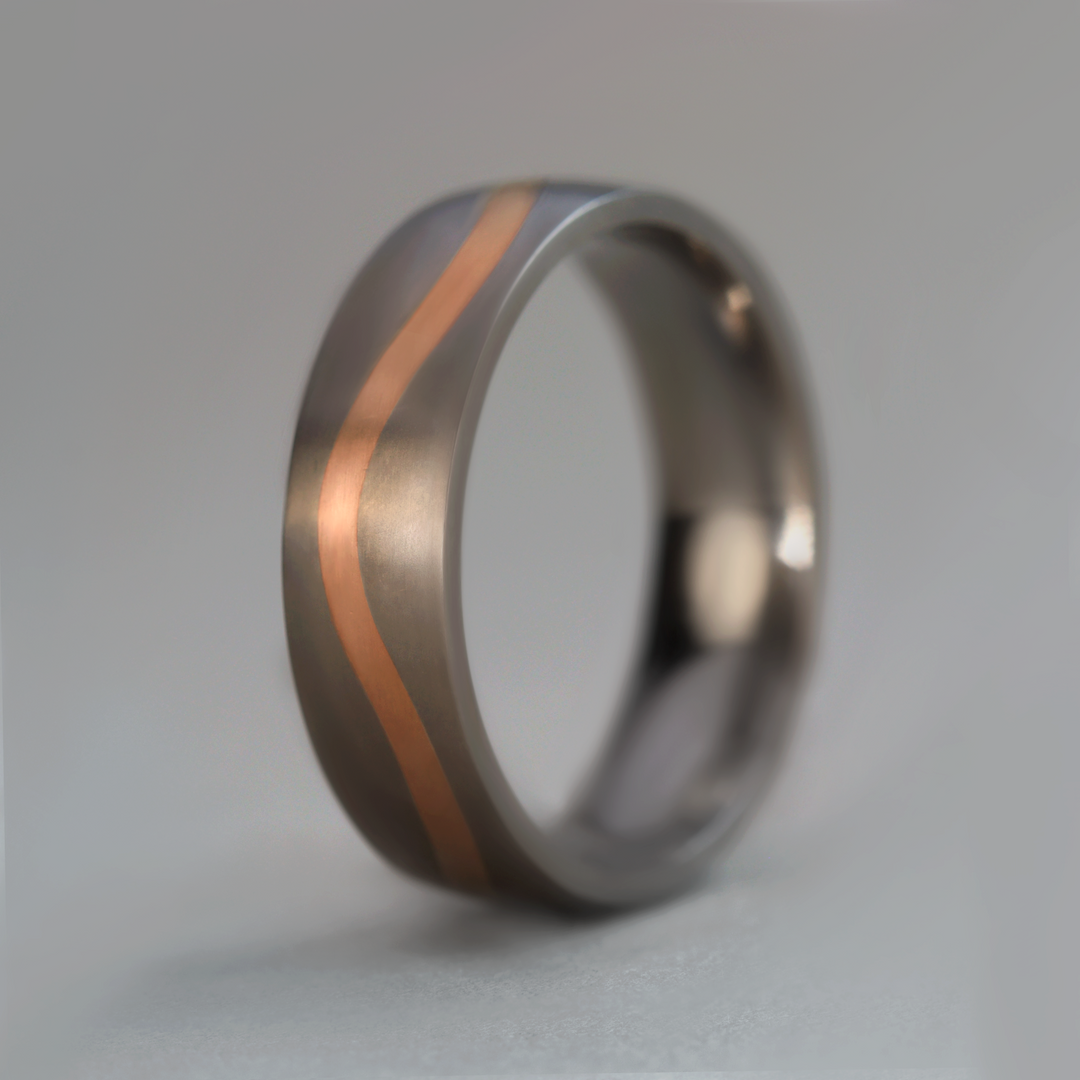 Rose or Yellow Gold Wave Inlay Titanium Wedding Ring - The Loxley - Made-to-Order