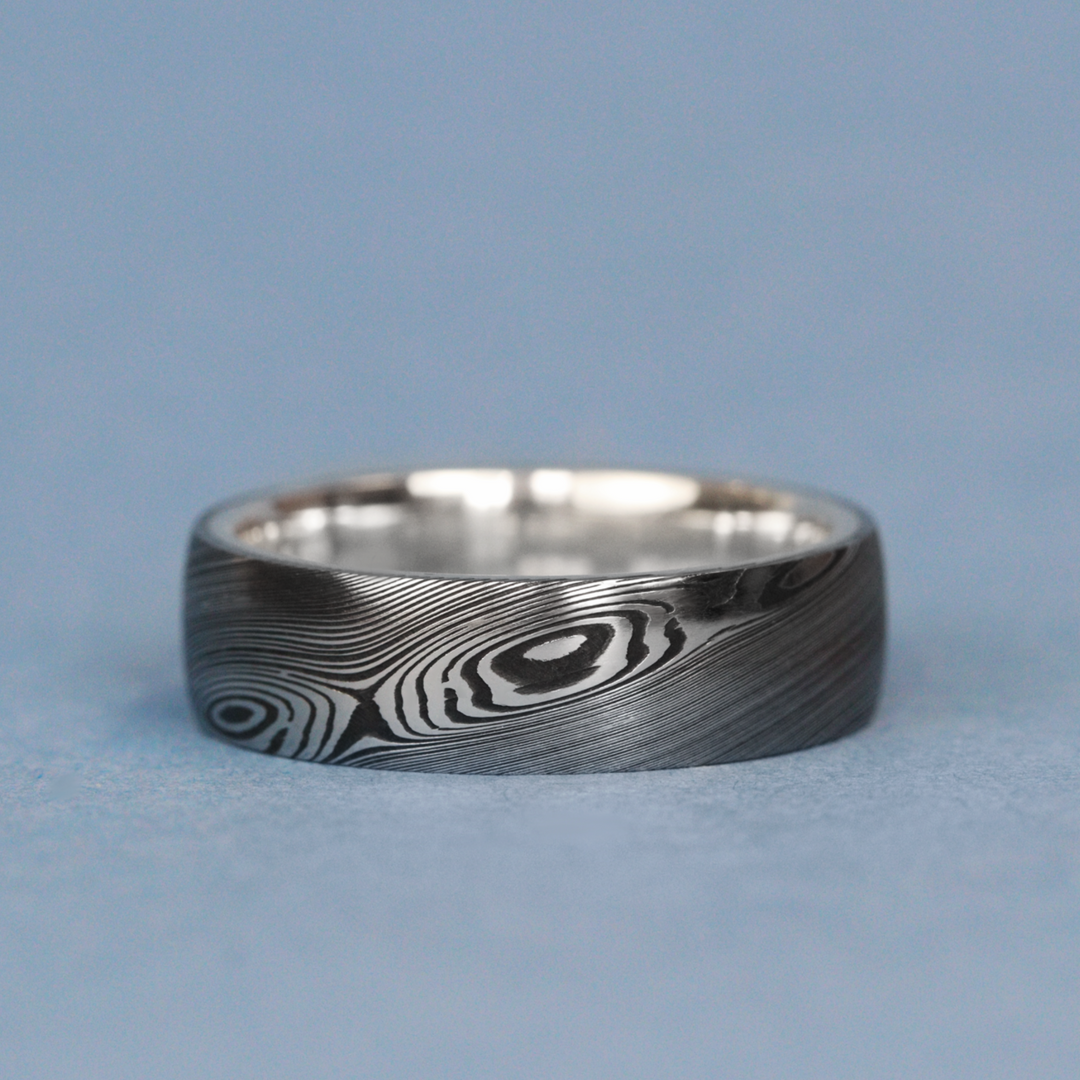 Woodgrain Damascus and Silver Wrap Slim Wedding Ring - The Whirlow Brook Ring - Made-to-Order
