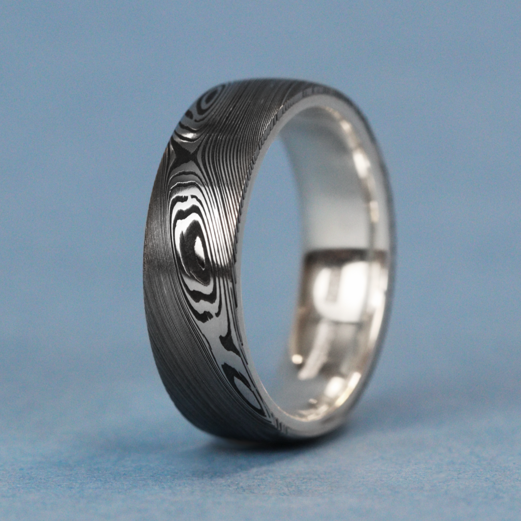 Woodgrain Damascus and Silver Wrap Wedding Ring - The Whirlow Brook Ring - Made-to-Order