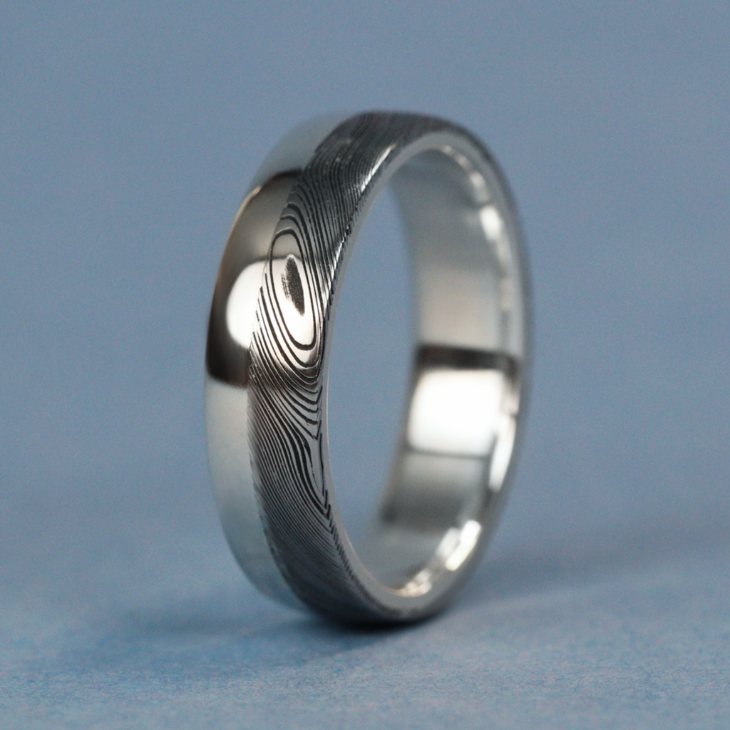 Woodgrain Damascus and Silver Edge Wedding Ring - The Dore & Totley Ring - Made-to-Order