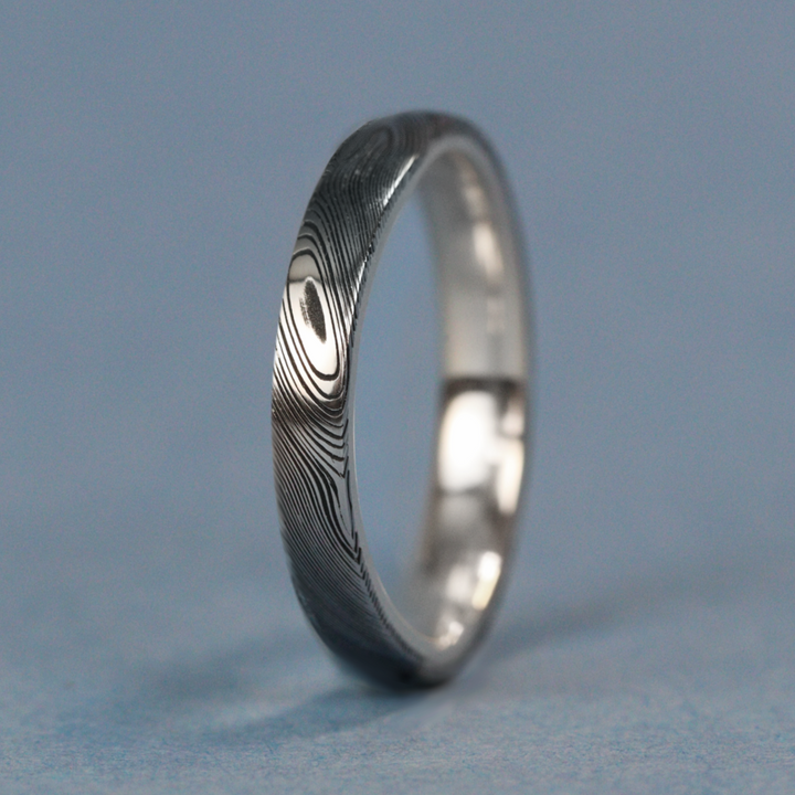 Woodgrain Damascus and Silver Wrap Slim Wedding Ring - The Whirlow Brook Ring - Made-to-Order