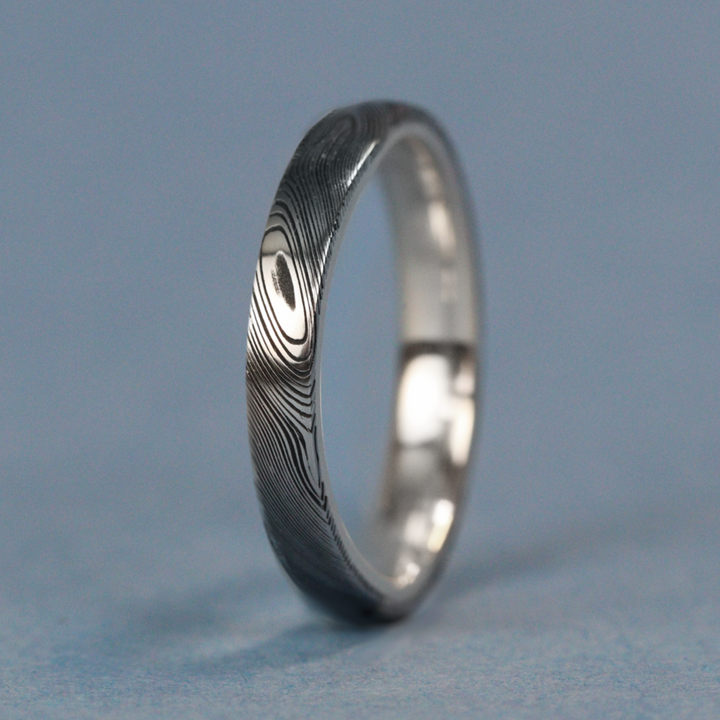 Woodgrain Damascus and Silver Wrap Wedding Ring - The Whirlow Brook Ring - Made-to-Order